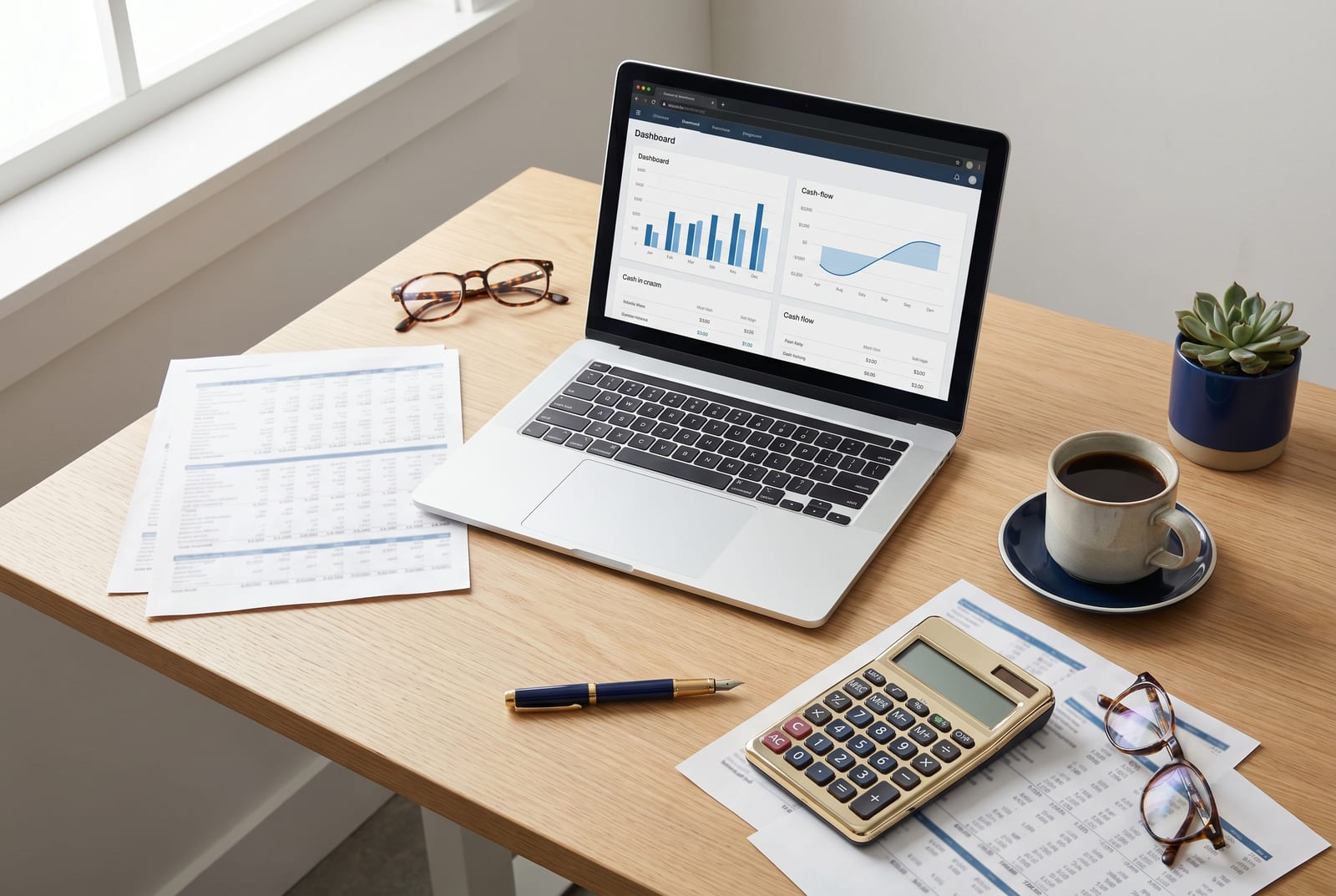 Plan de travail avec un tableau de bord budgétaire à l'écran, des tableaux financiers imprimés et une calculatrice