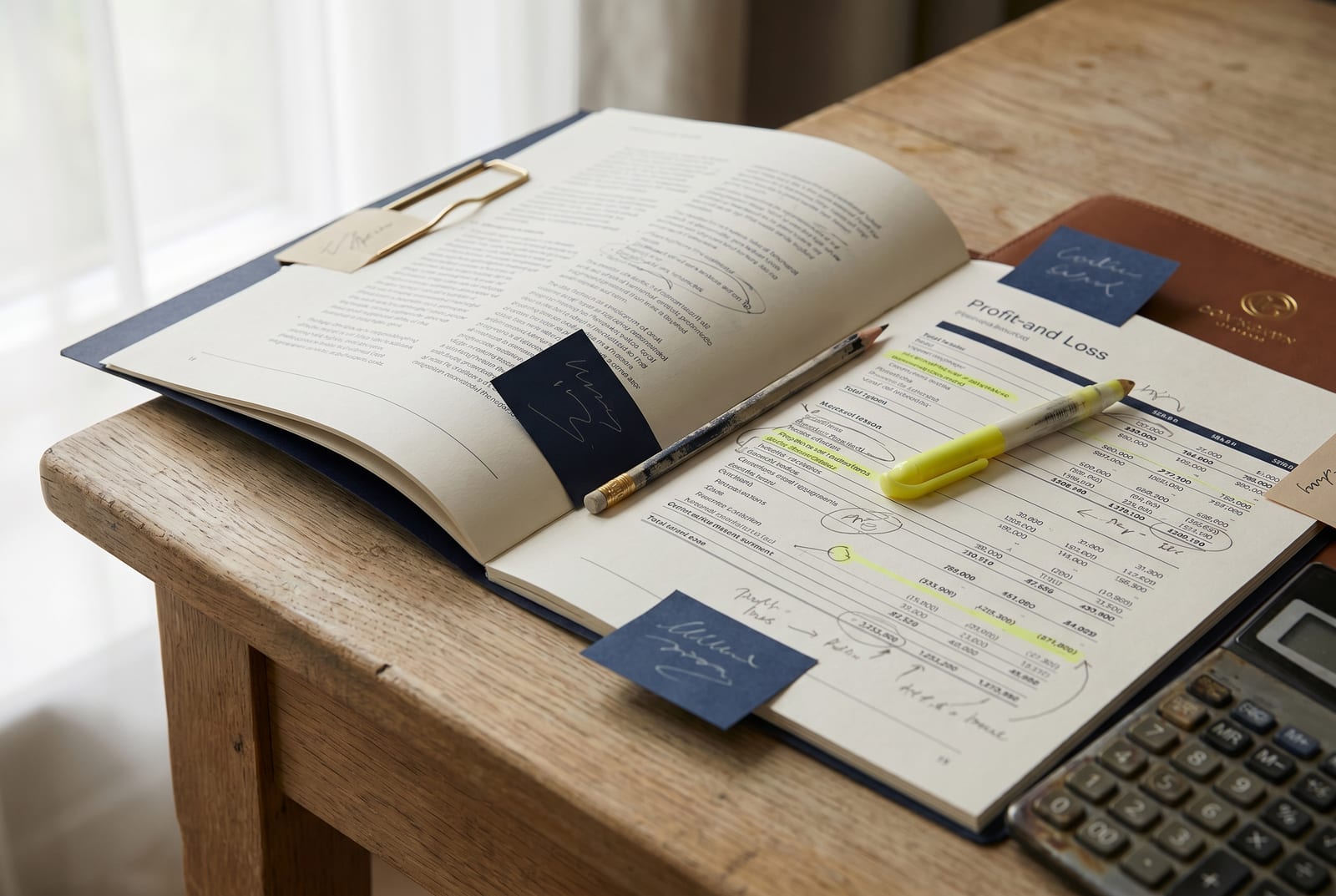 Compte de résultat imprimé, annoté au crayon et au surligneur, avec post-its et calculatrice sur un bureau en bois clair