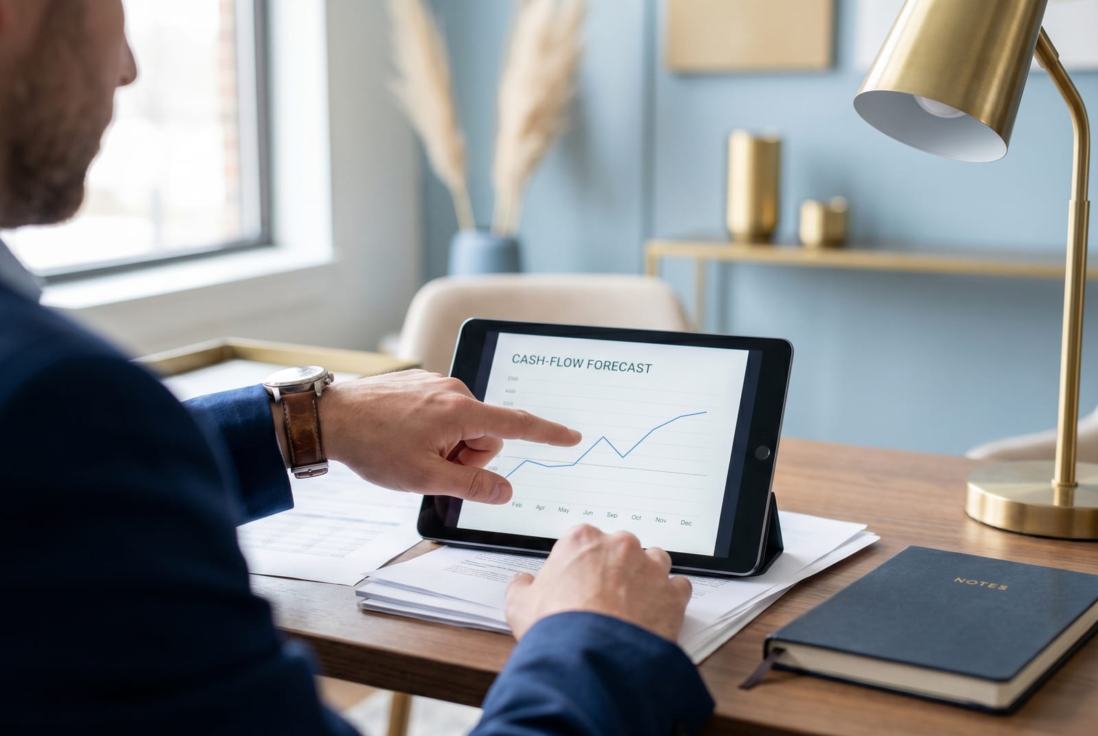 Un dirigeant pointe une courbe de prévision de trésorerie sur une tablette, documents financiers posés sur le bureau